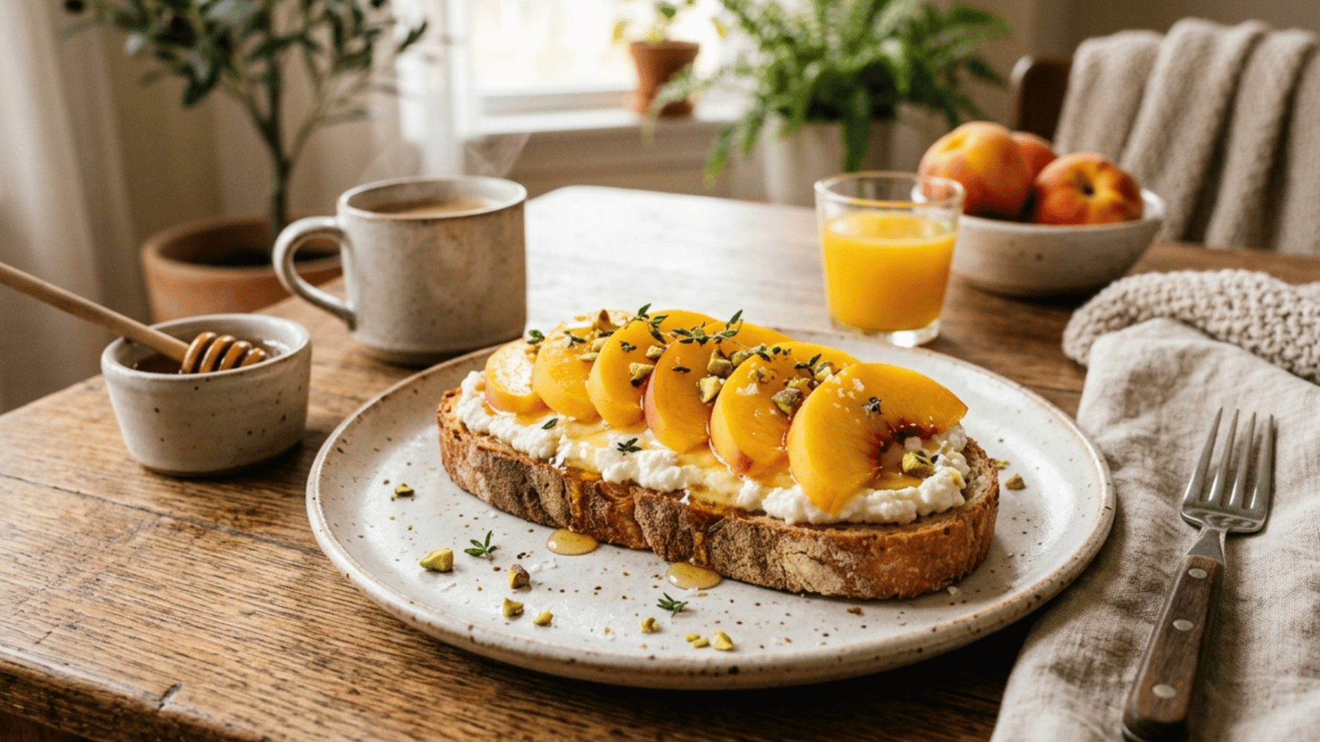 creamy ricotta toast layered with fresh peach slices, honey, and crushed pistachios on toasted sourdough