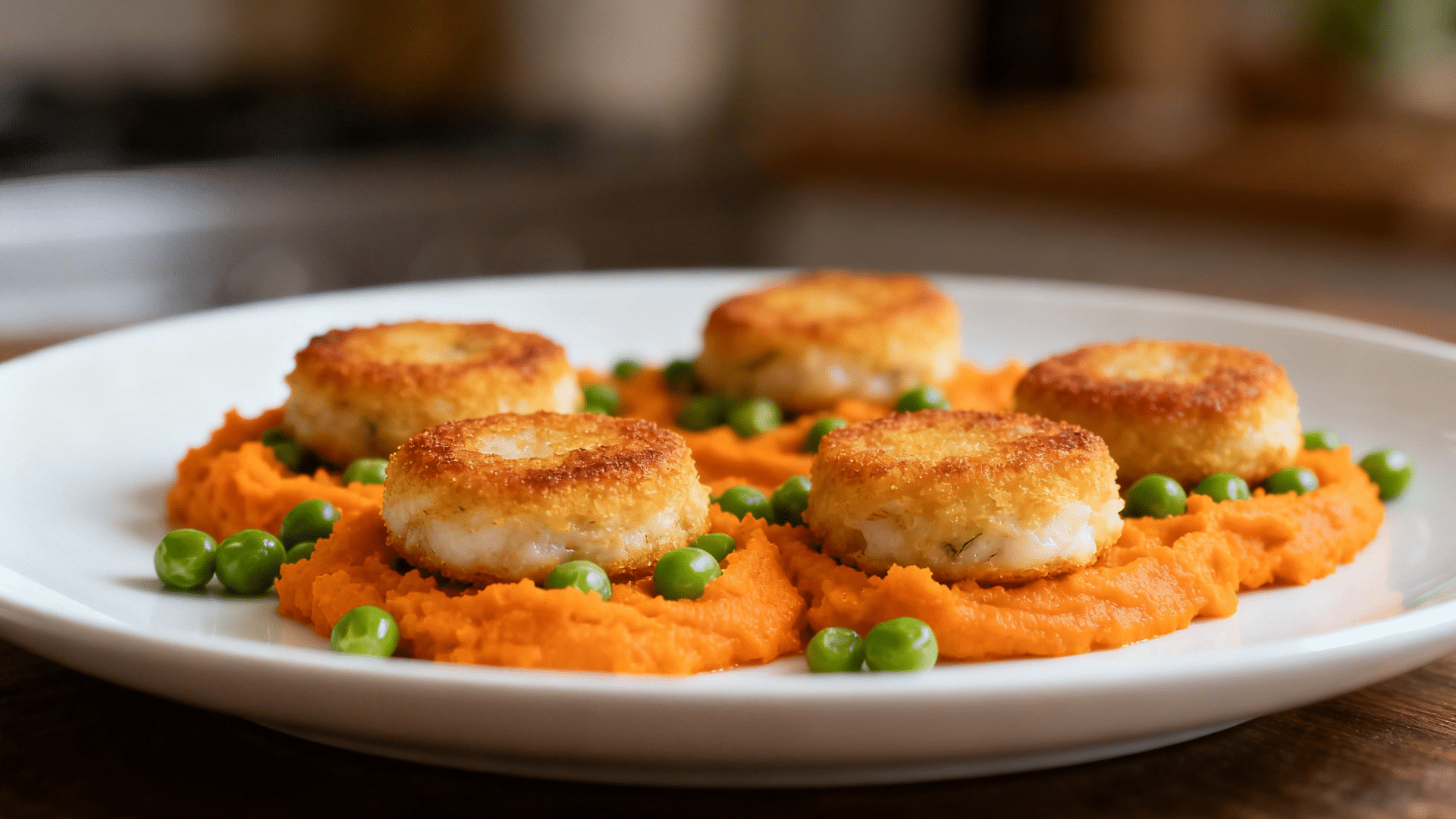 crispy breaded fish cakes served on smooth mashed sweet potatoes with green peas arranged neatly on white plate