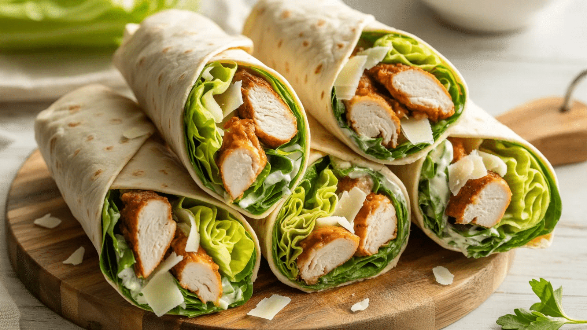 crispy chicken wraps filled with lettuce cheese and dressing sliced and stacked on a wooden board with fresh herbs scattered