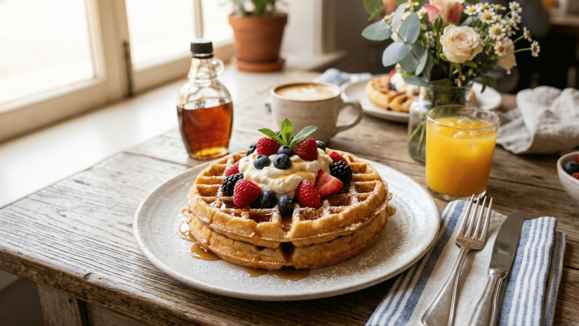 crispy golden belgian waffles topped with fresh mixed berries and whipped cream on a white plate