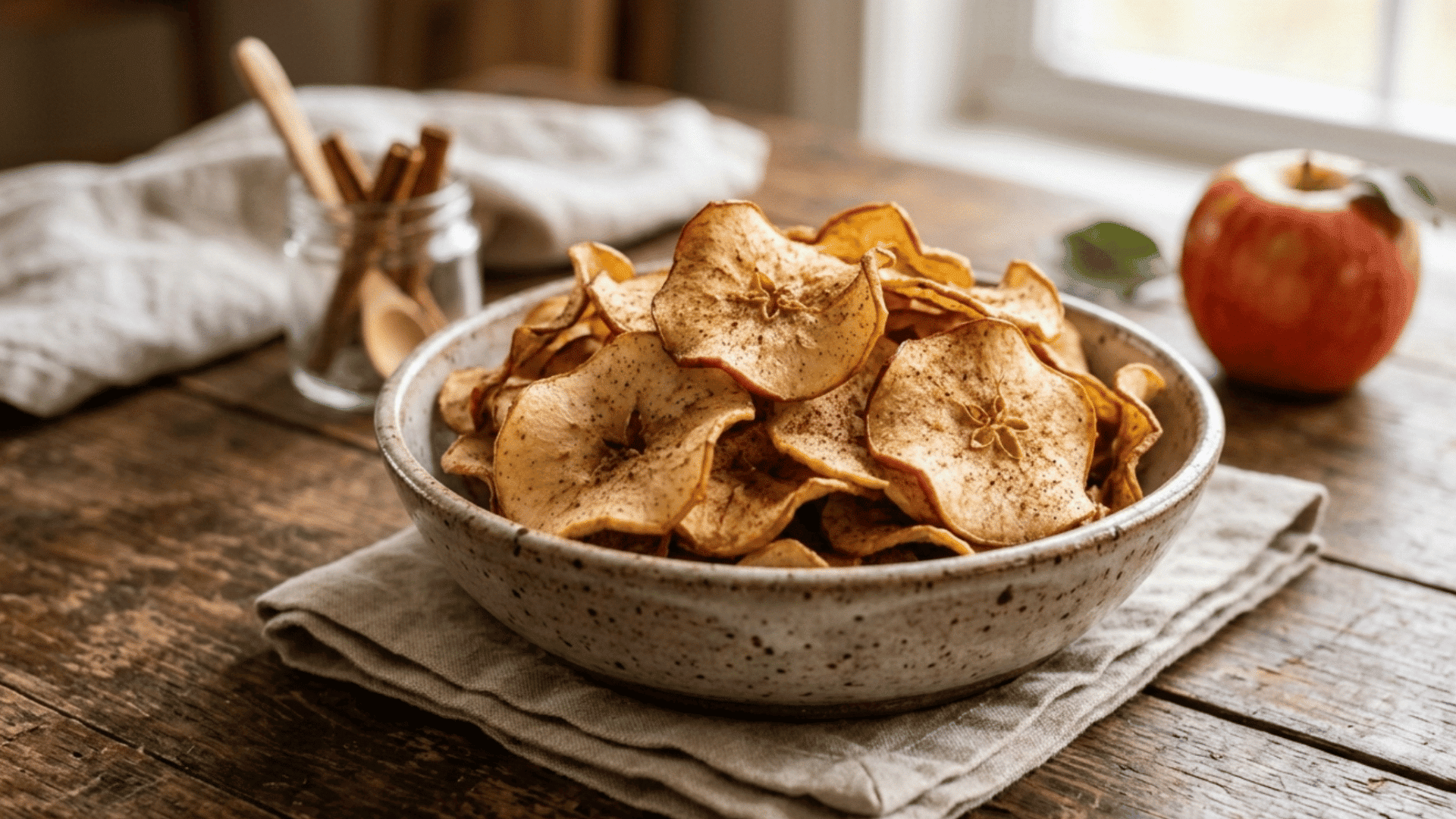 crispy homemade baked apple chips with a light cinnamon dusting for a healthy snack