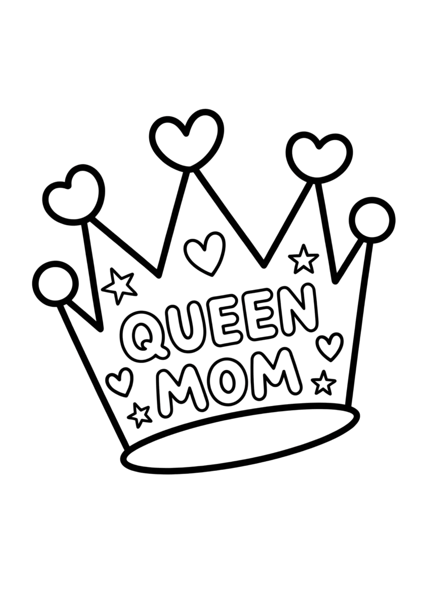 crown with text queen mom surrounded by hearts and stars, simple black outline celebrating mom as royalty