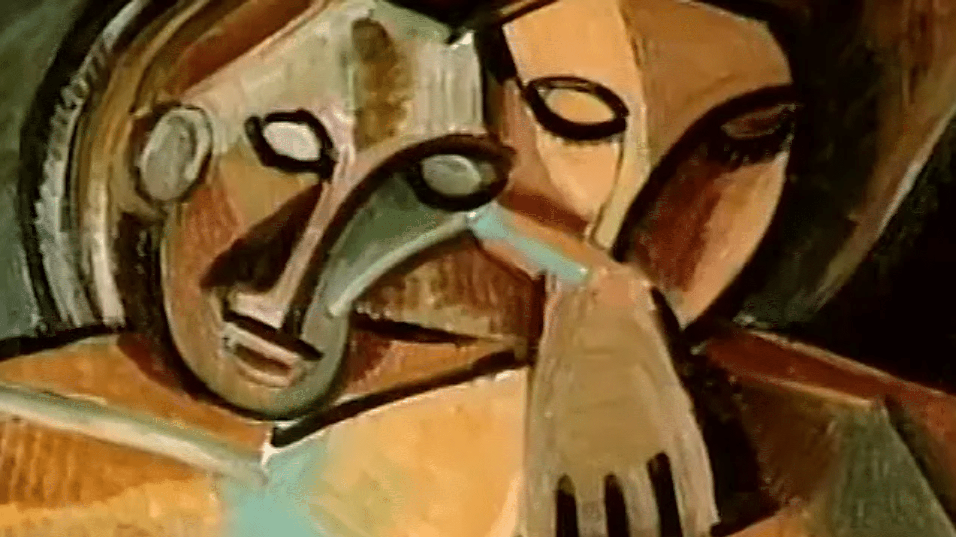 cubist painting showing fragmented geometric forms and multiple viewpoints, emphasizing a flat picture plane and abstracted representation