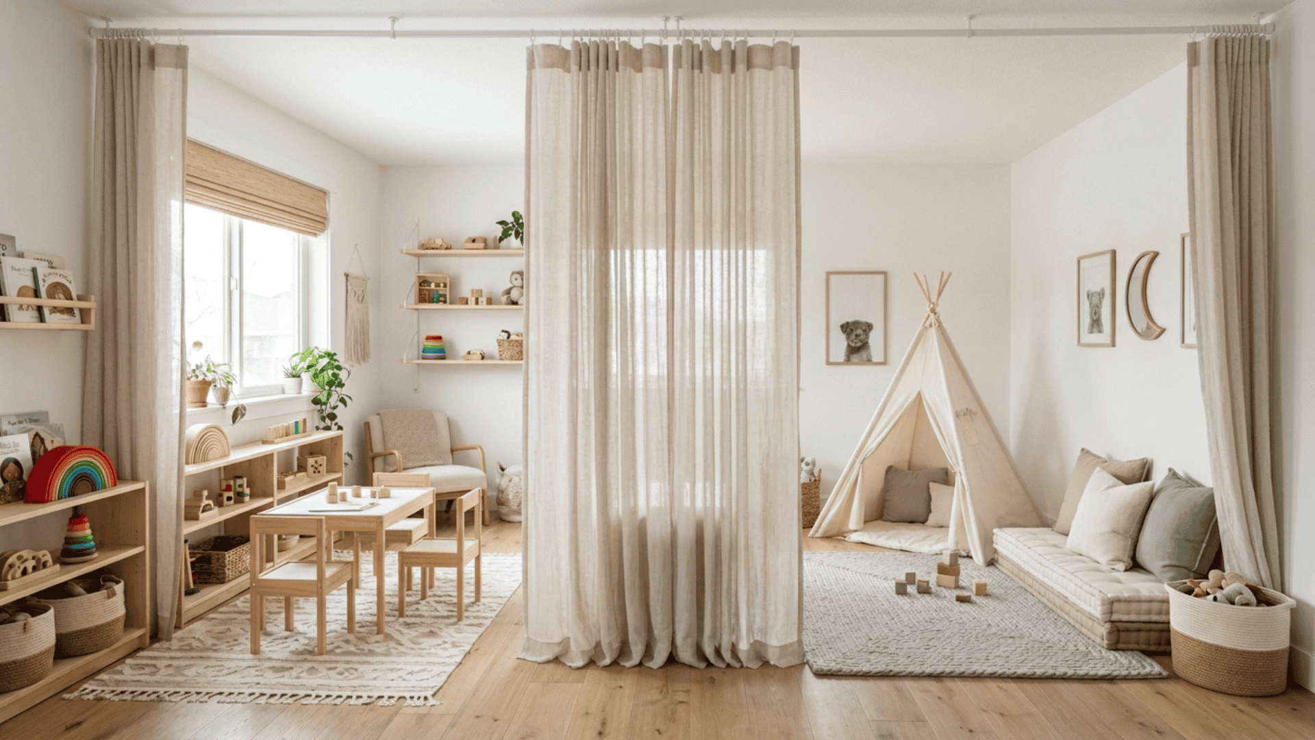 curtain divider creating separate play zones in a compact playroom without using walls