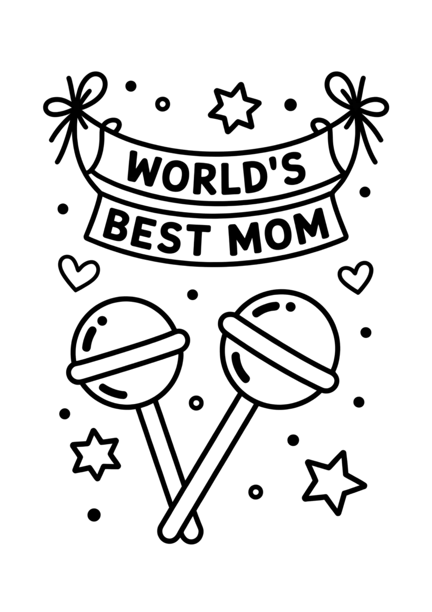 decorative banner with text worlds best mom above maracas stars and hearts in playful coloring page design