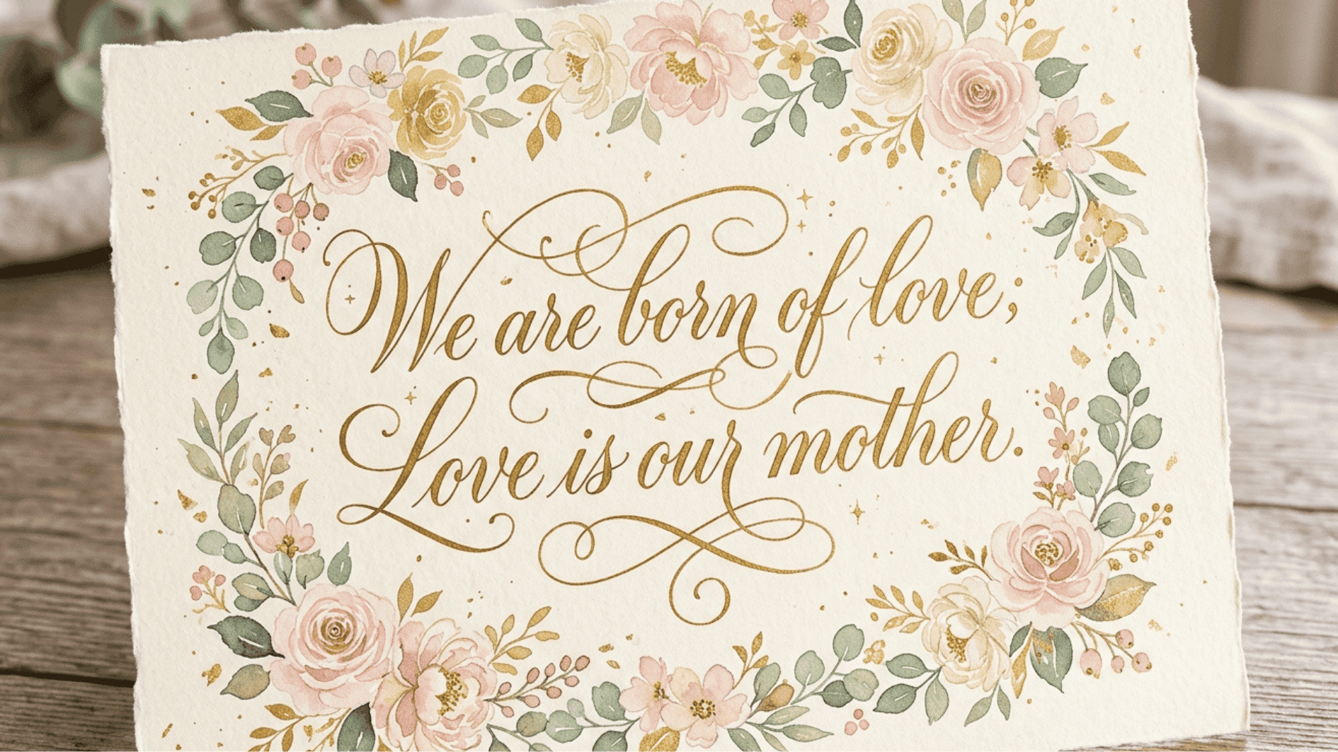 decorative card with a floral wreath and elegant lettering, featuring a quote about love and motherhood in soft pastel tones