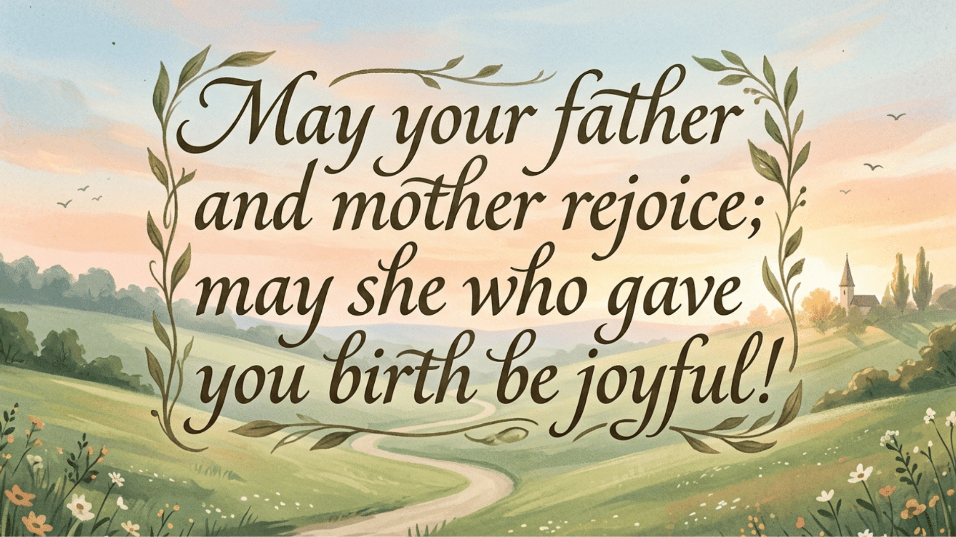 decorative floral quote card with pastoral landscape background featuring a joyful message about parents and motherhood