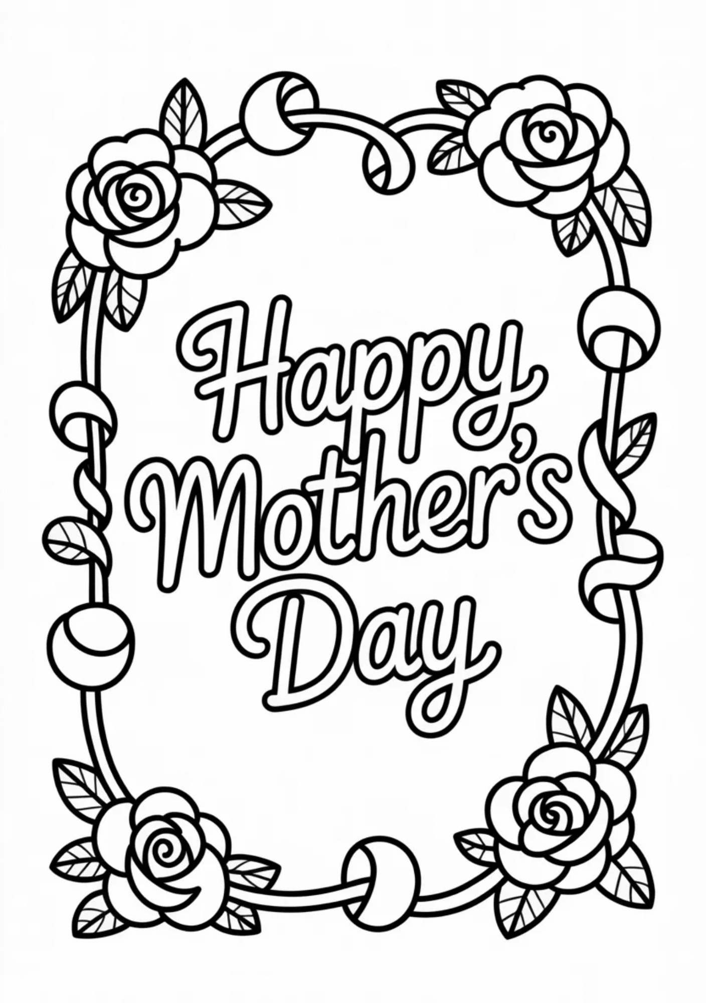 decorative frame with roses and leaves around text happy mothers day in elegant hand drawn line art