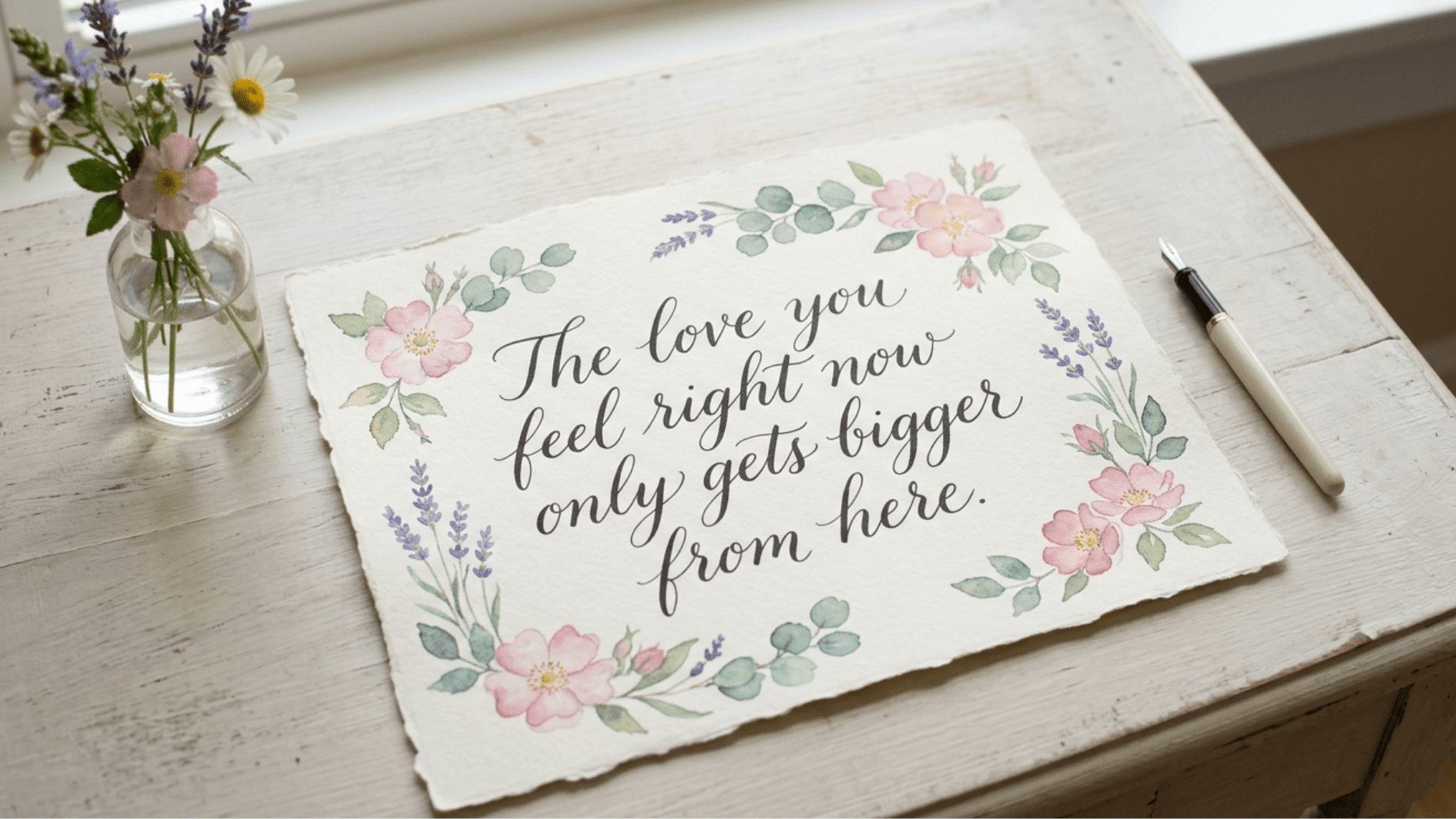 delicate floral card with soft pastel illustrations and a loving message, styled on a white table with a vase of fresh flowers