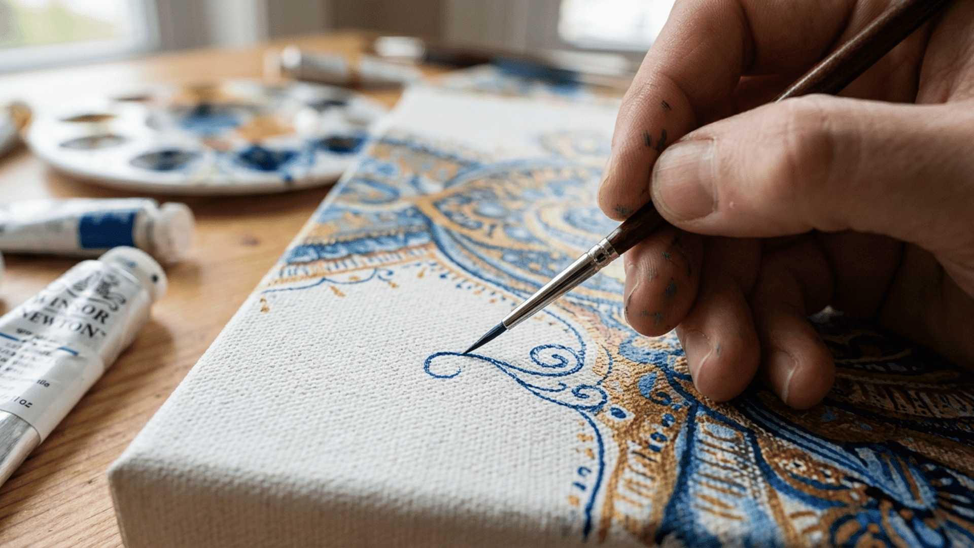 detail liner brush painting fine patterns on canvas, showing precision work with thin acrylic paint brushes