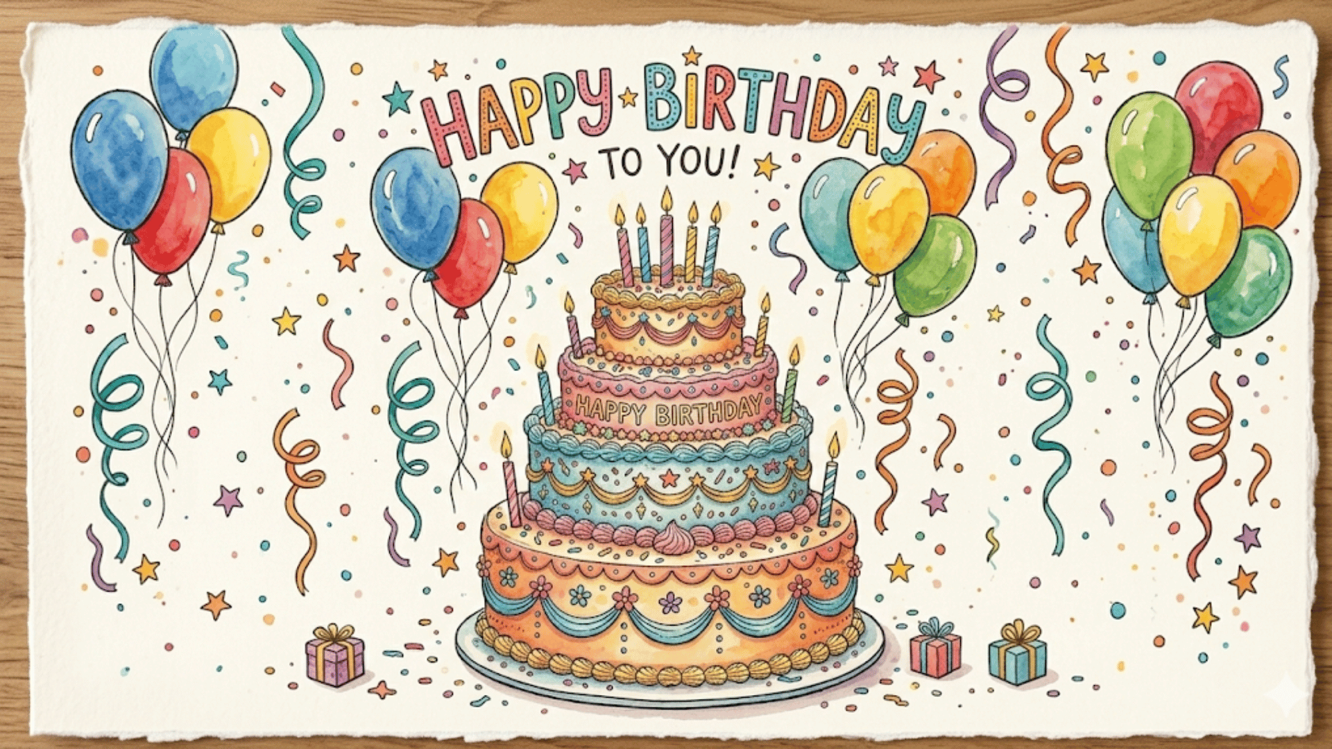 detailed birthday cake with candles, frosting, and sprinkles as the centerpiece