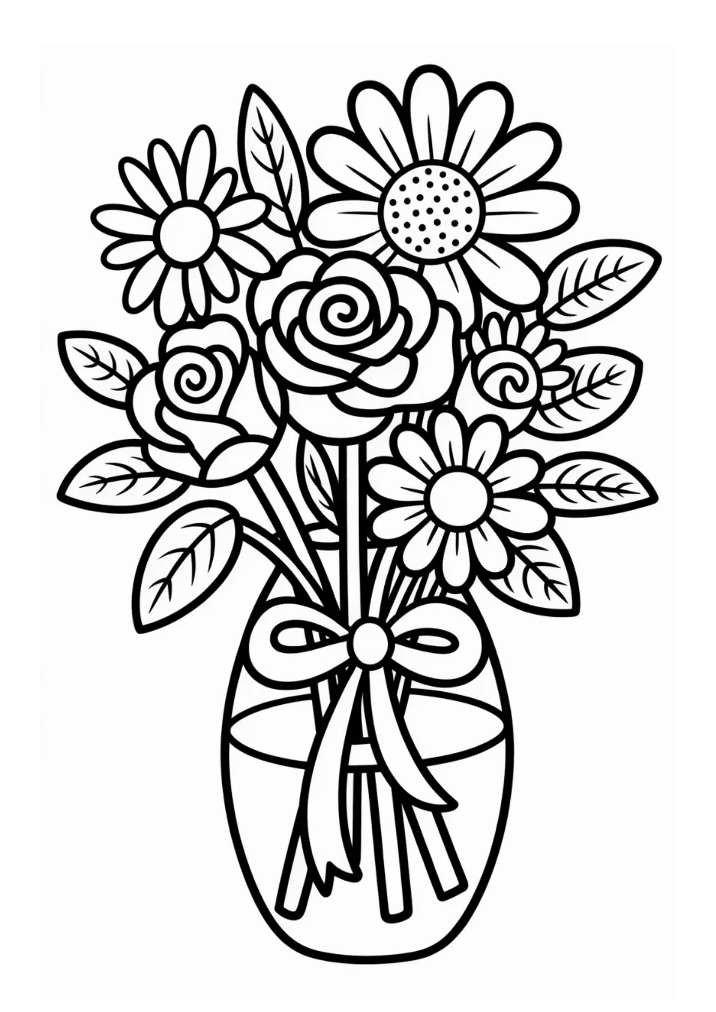 detailed bouquet of roses and daisies arranged in a vase with ribbon bow in decorative coloring page style