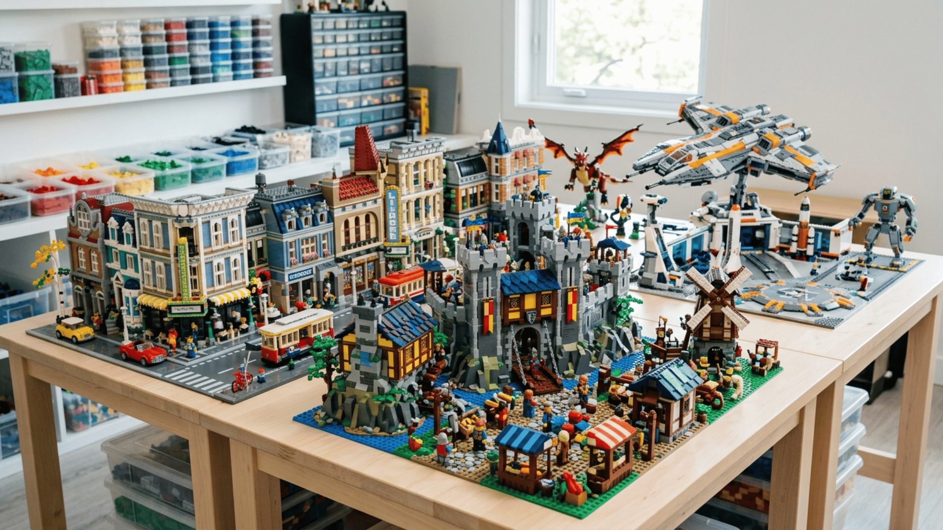 detailed LEGO builds and creative structures displayed on a table with sorted and organized pieces