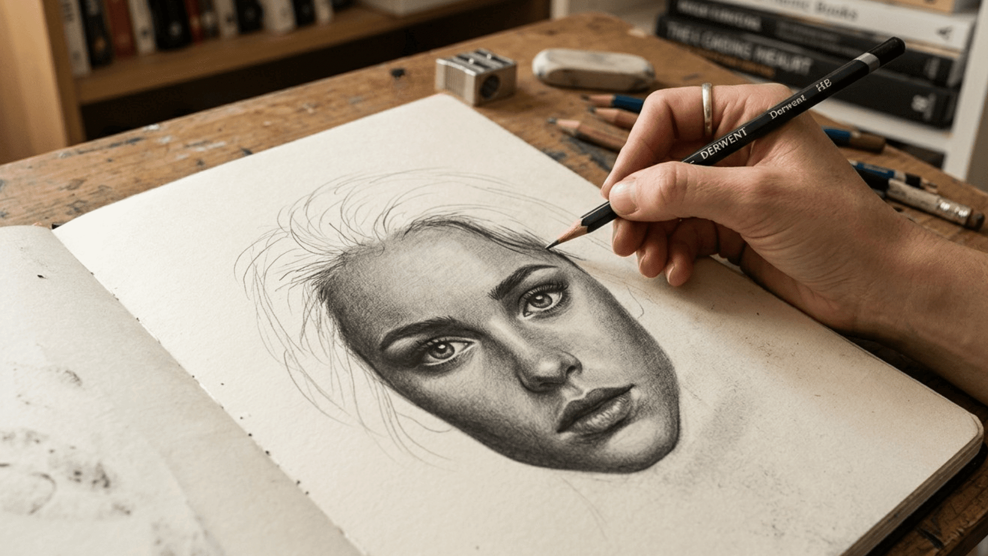 detailed pencil portrait drawing in sketchbook with eraser and tools nearby