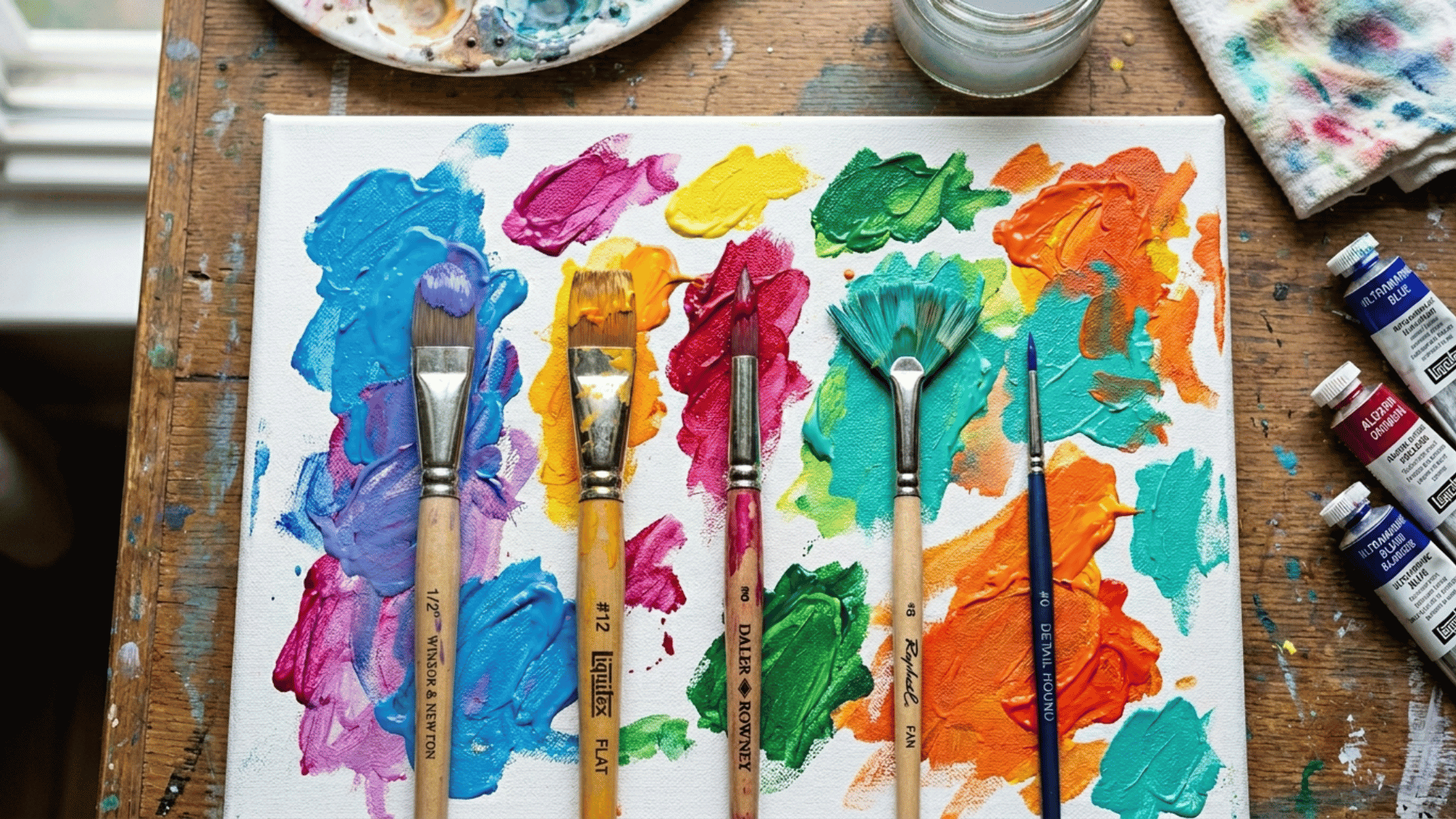 different acrylic paint brushes on canvas with vibrant colors, showing flat, round, filbert, and fan brushes for acrylic paint for canvas