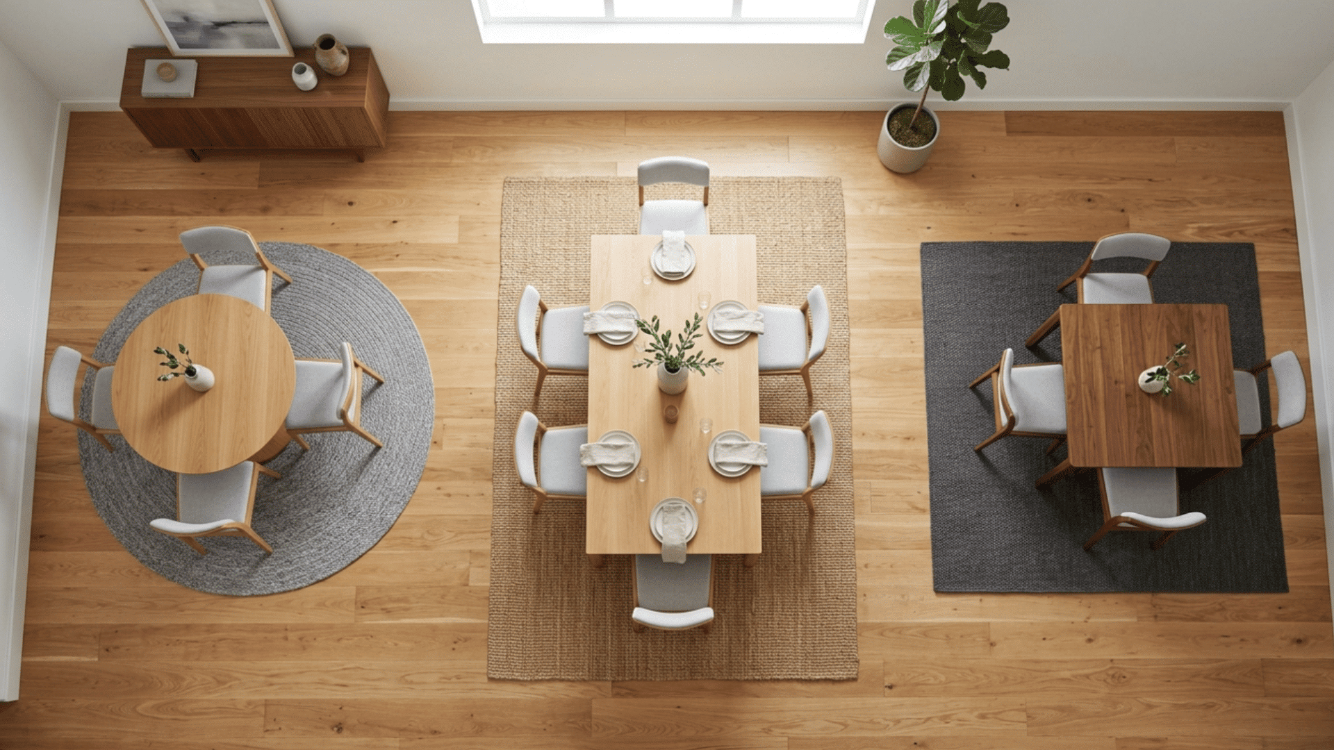 dining room rug size examples with round square and rectangular tables showing correct rug placement under chairs (1)