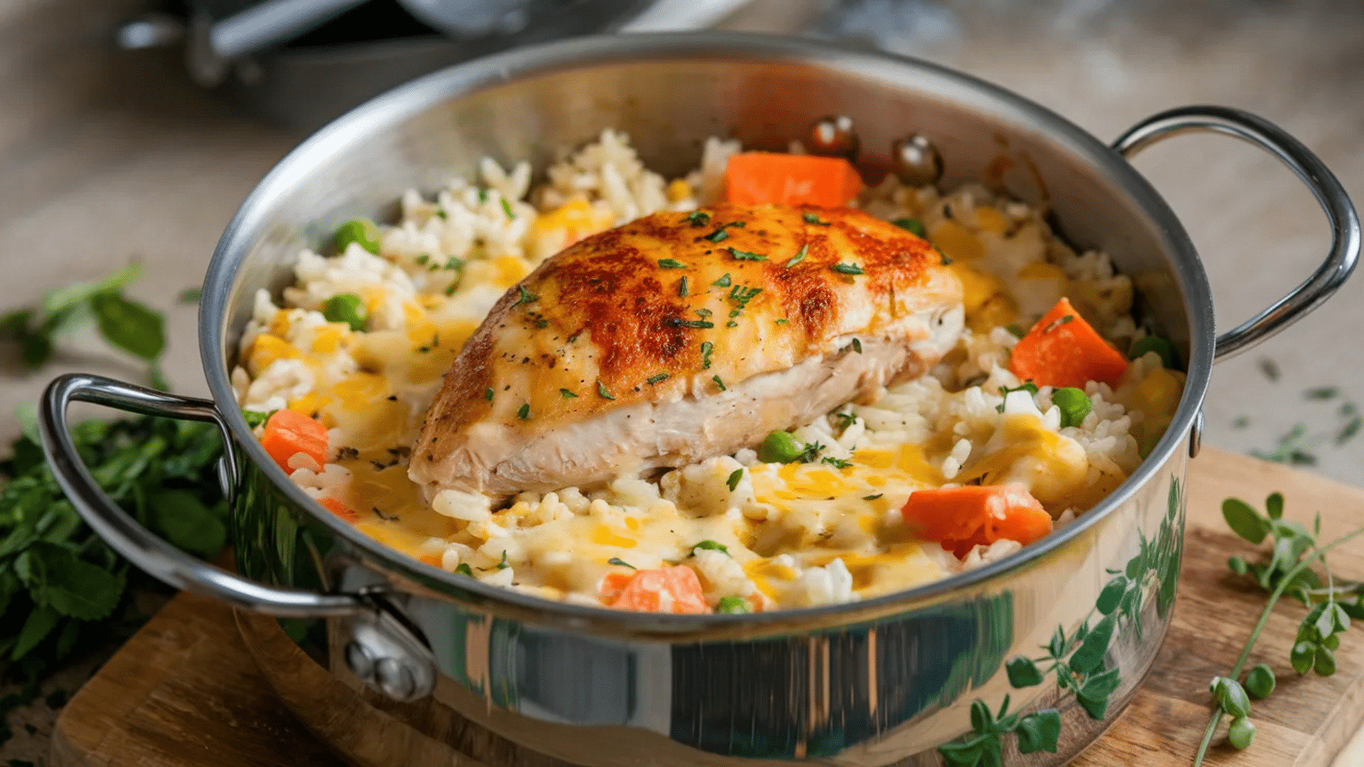 dish of baked chicken with rice and vegetables in a pan on a table in a kitchen setting