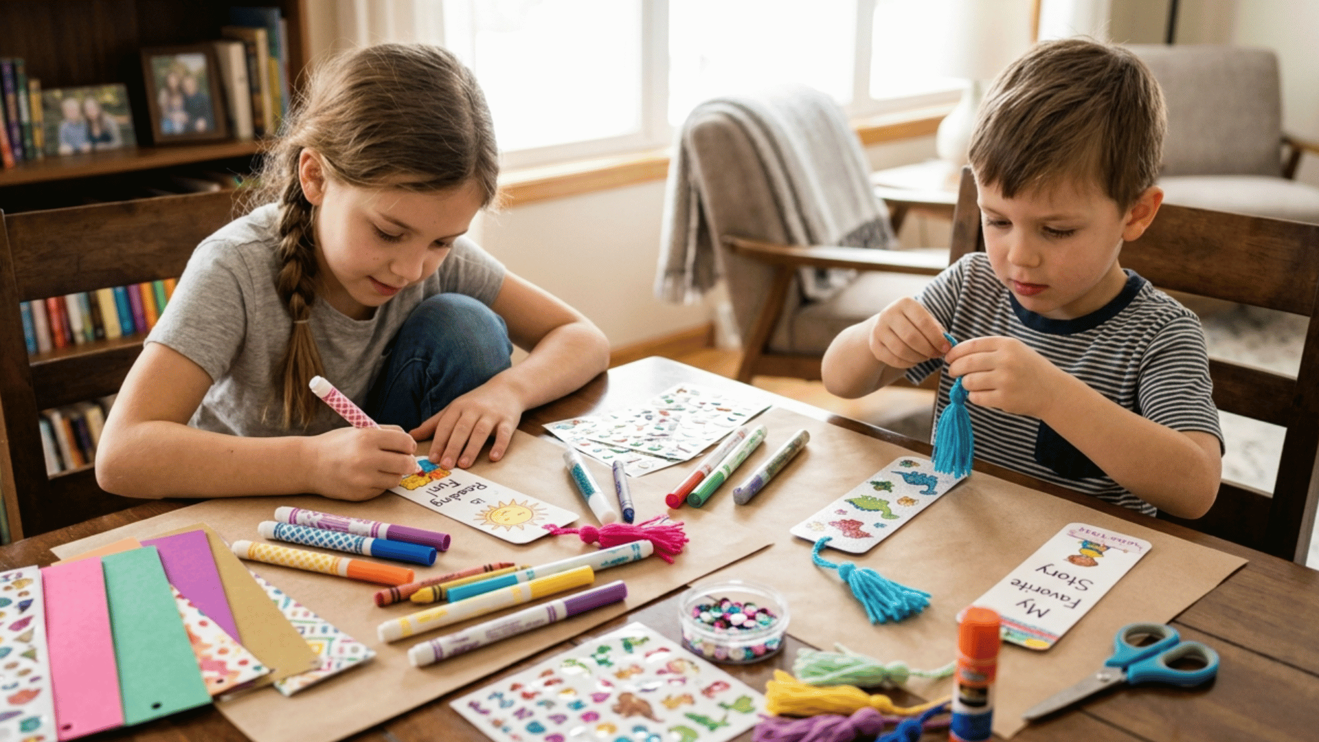diy bookmark making activity for kids using paper colors and stickers to create fun and useful reading tools
