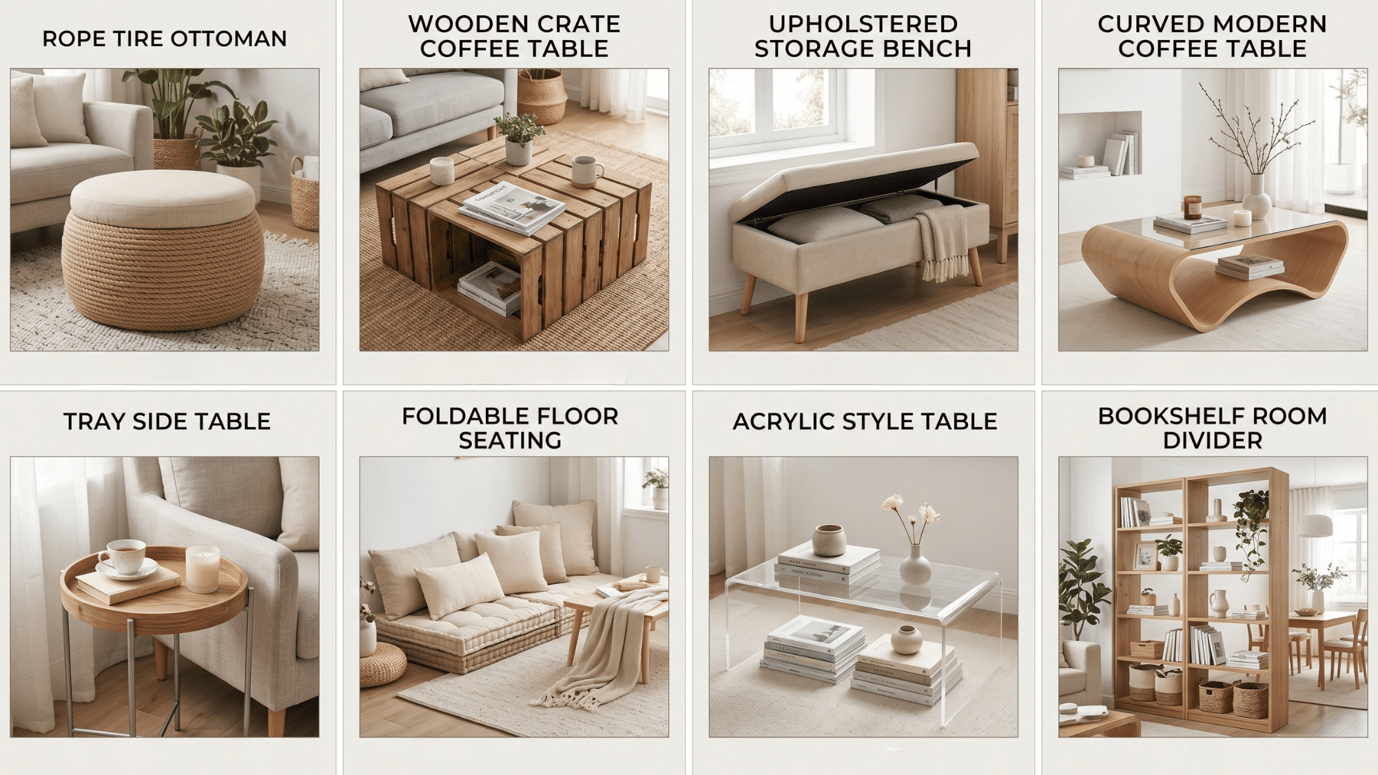 diy furniture ideas collage with coffee tables, ottomans and budget living room decor inspiration