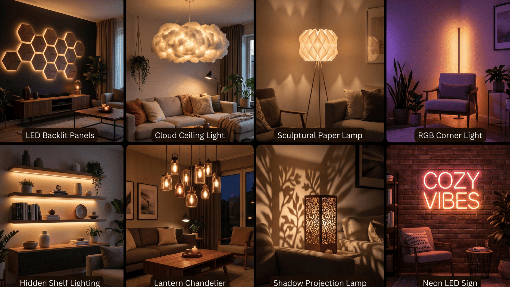 diy lighting ideas collage with led lights lamps and cozy living room ambience inspiration