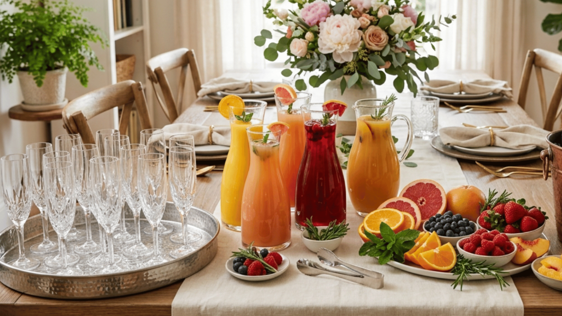 diy mimosa bar with champagne flutes, fresh juices, and fruit garnishes set up for mothers day brunch