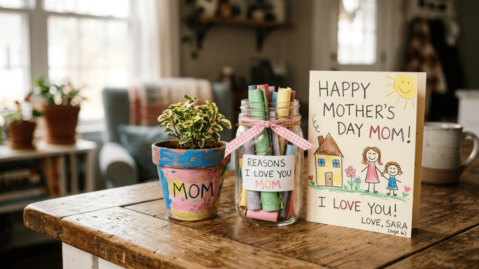 diy mothers day gifts placed on a wooden table including a painted pot, memory jar, and handmade card made by a child