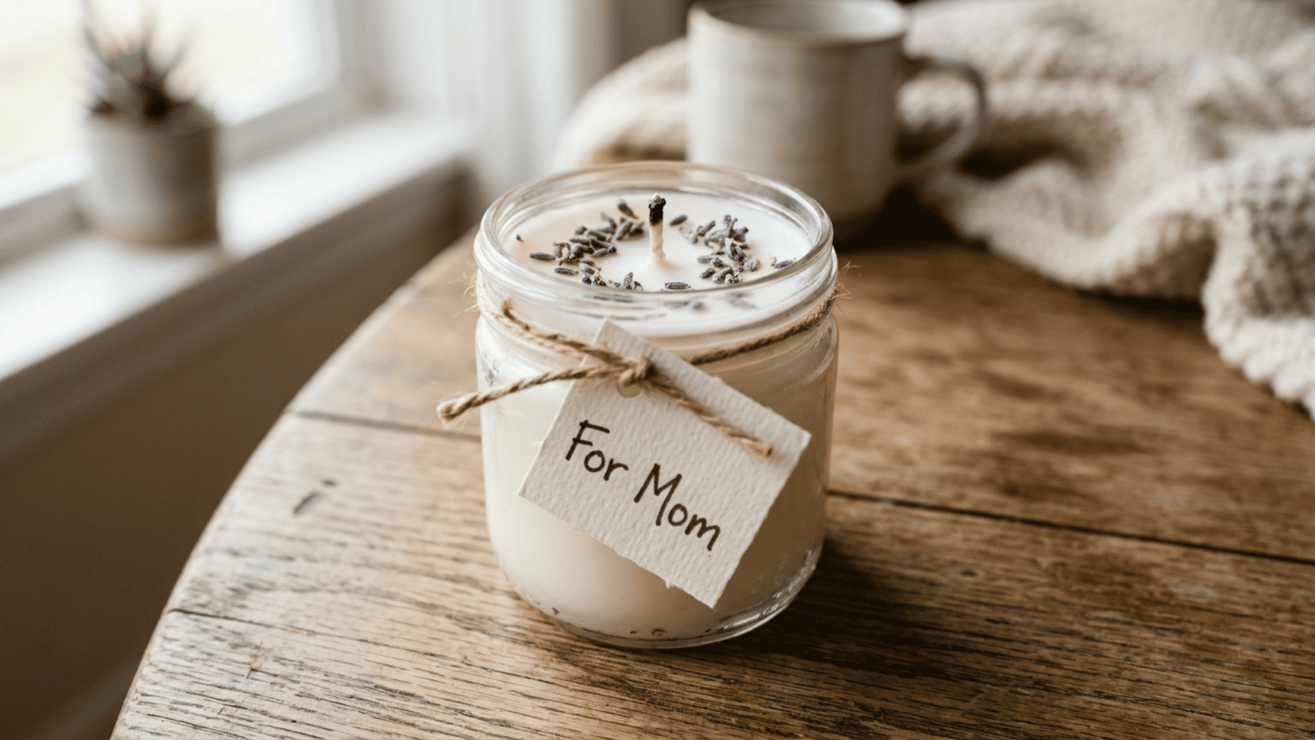 diy scented candle in a glass jar with a handwritten label made as a homemade mothers day gift idea