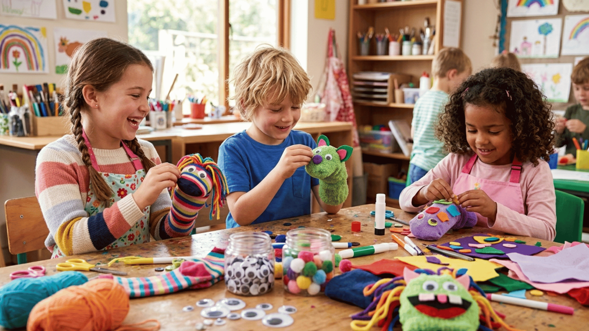 diy sock puppets made by kids using old socks paper glue and markers for fun storytelling and play
