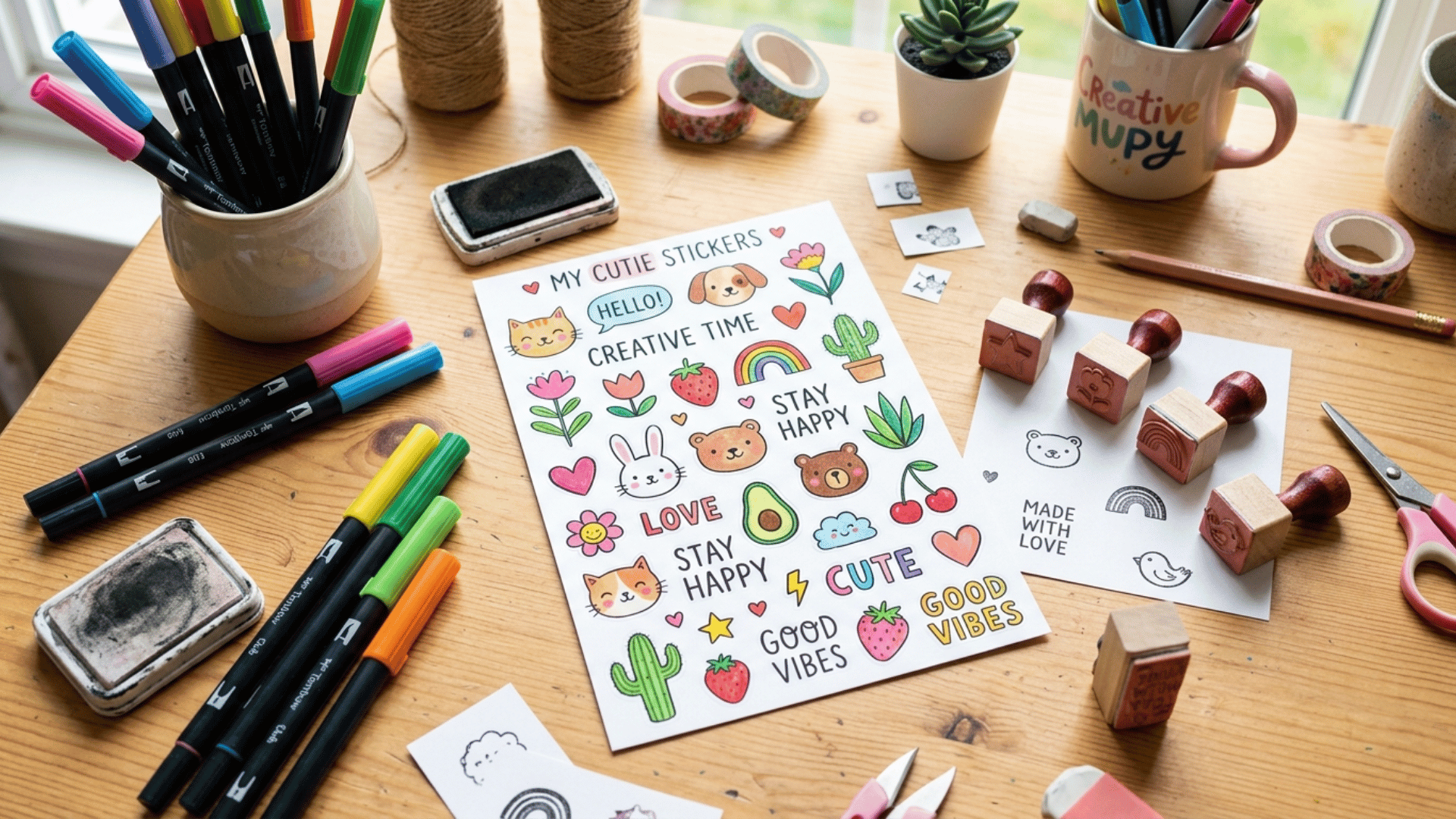 diy sticker sheet with cute drawings, stamps, and craft saupplies on a desk