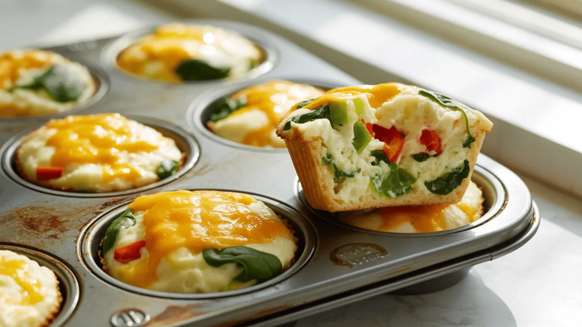 egg muffins with cheese and vegetables, one cut open