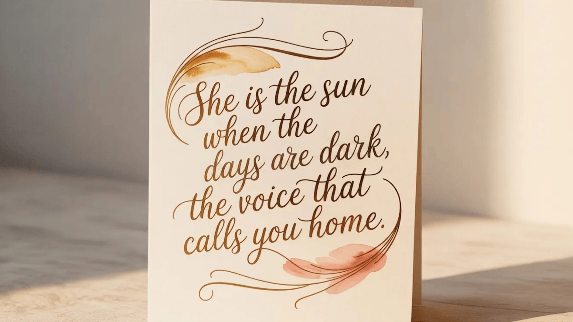 elegant greeting card with a loving quote about mothers bringing light and comfort, designed with soft colors and flowing scrip