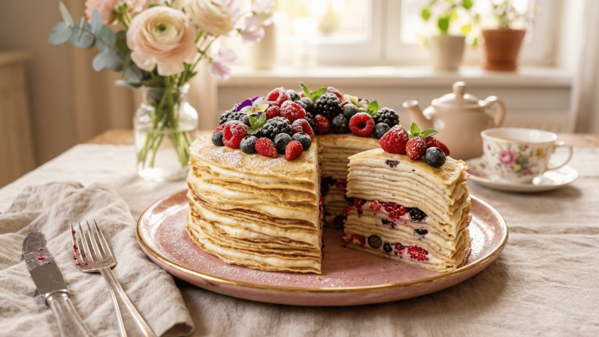 elegant layered stuffed crepe cake filled with sweet cream and topped with fresh berries and powdered sugar