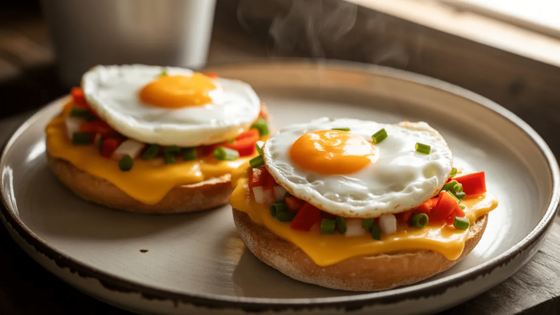 english muffin sandwiches with cheese, vegetables, and fried eggs