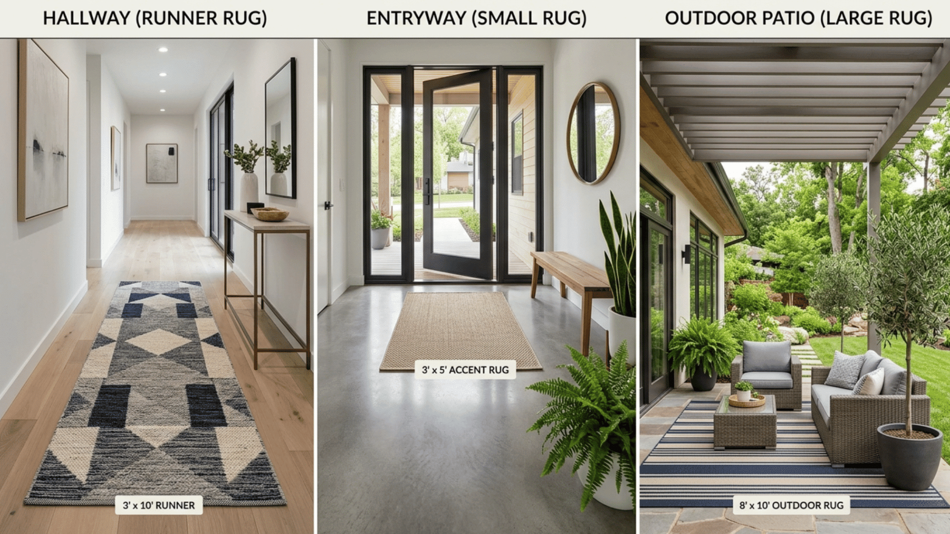 entryway hallway and outdoor rug examples showing runner rugs and patio rugs with proper spacing and placement
