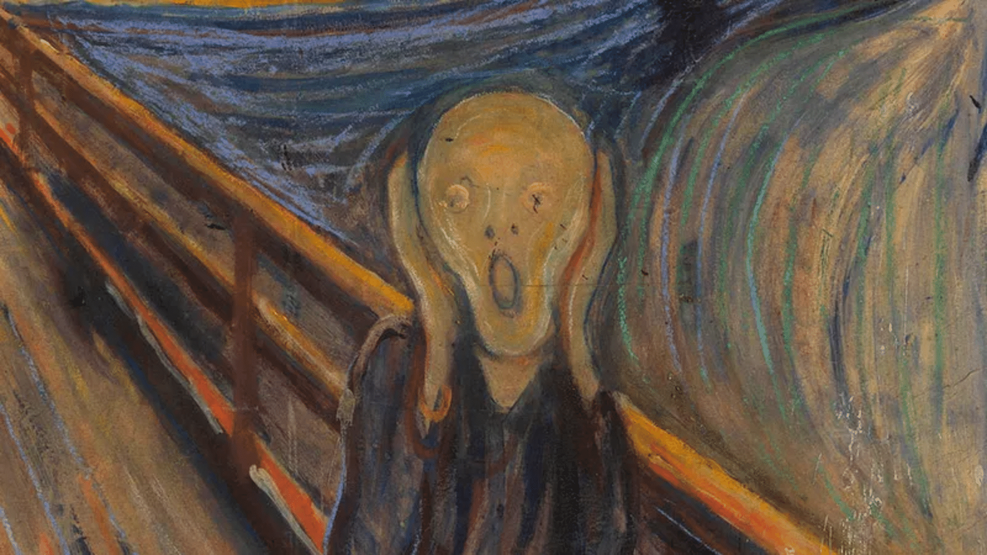 expressionist painting of a figure screaming on a bridge, with swirling lines and expressing inner anxiety and psychological tension