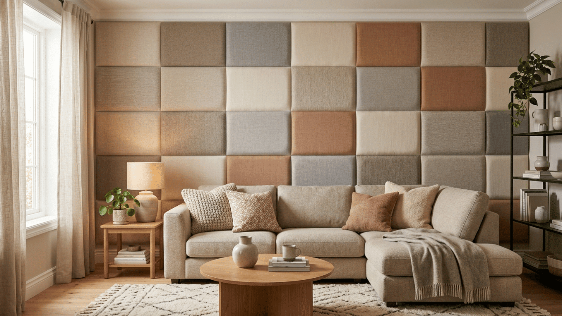 fabric wall panels arranged in grid pattern, textured wall design behind sofa with warm tones and cozy decor