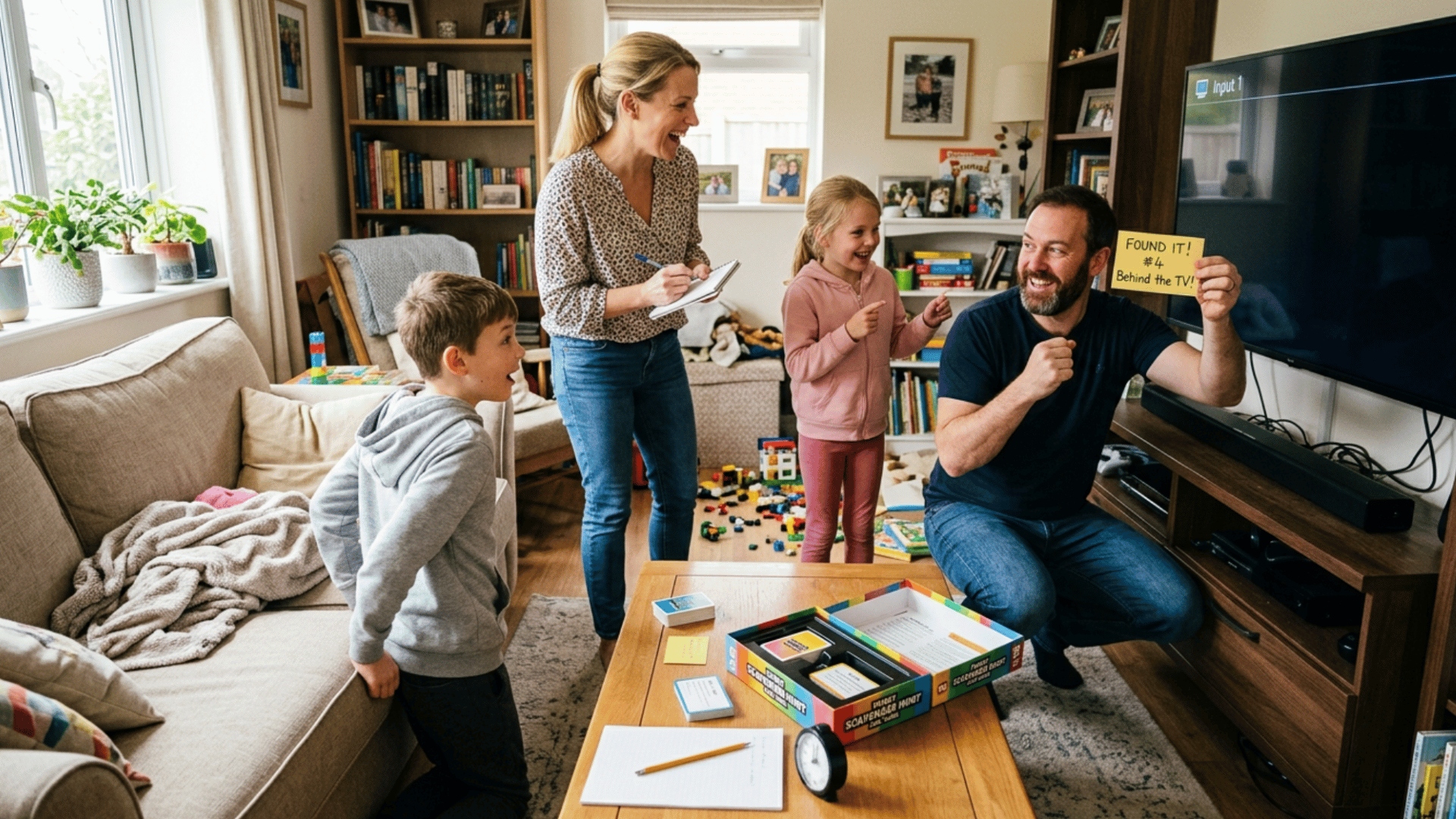 family playing indoor scavenger hunt together in living room with parents and kids using clue cards and laughing