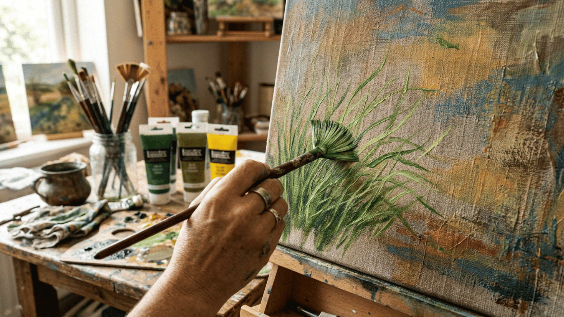 fan acrylic paint brush adding grass-like texture on canvas, demonstrating soft strokes using acrylic paint brushes