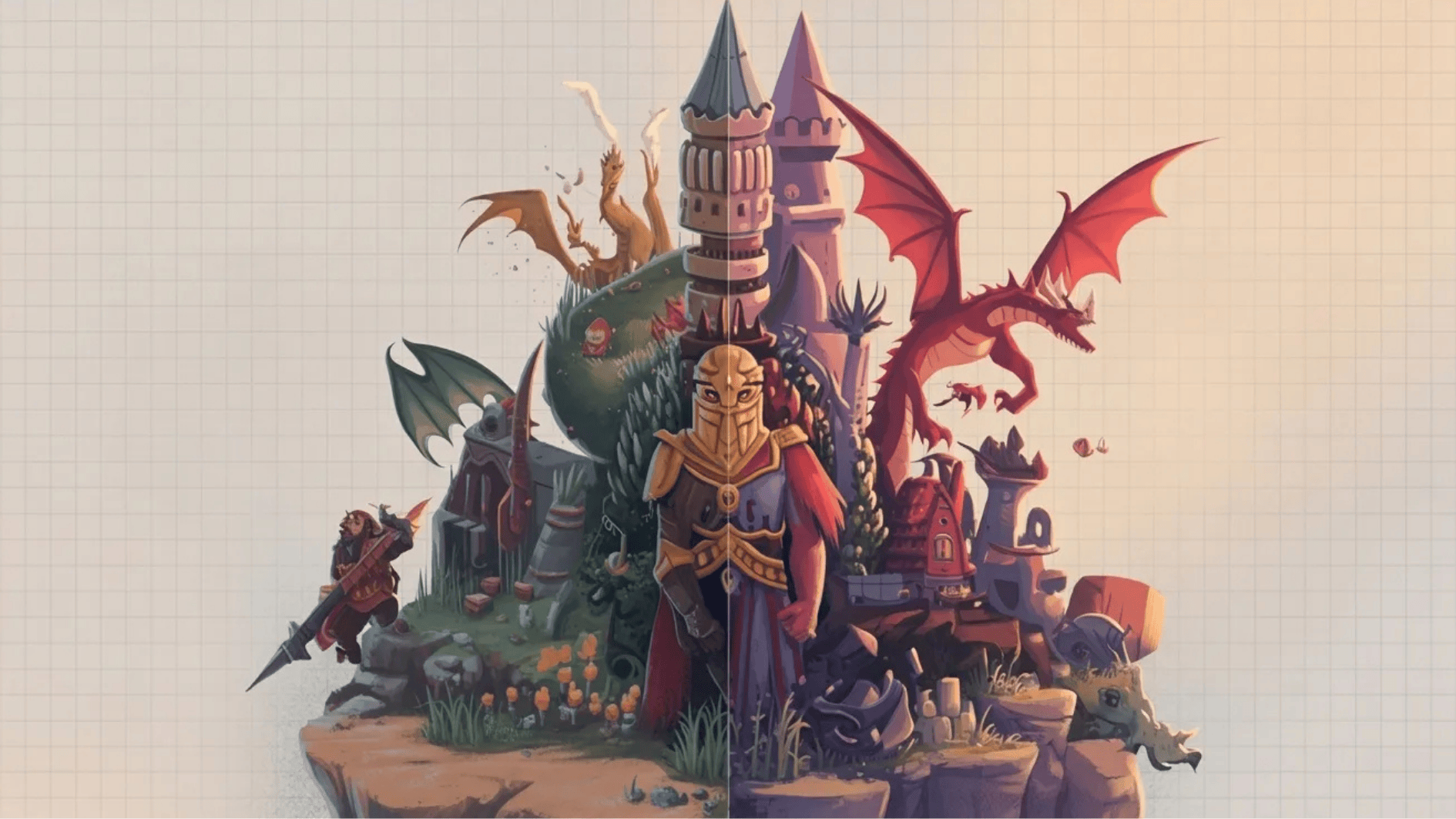 fantasy illustration of a knight standing between two worlds, with castles and dragons, symbolizing light versus dark storytelling themes