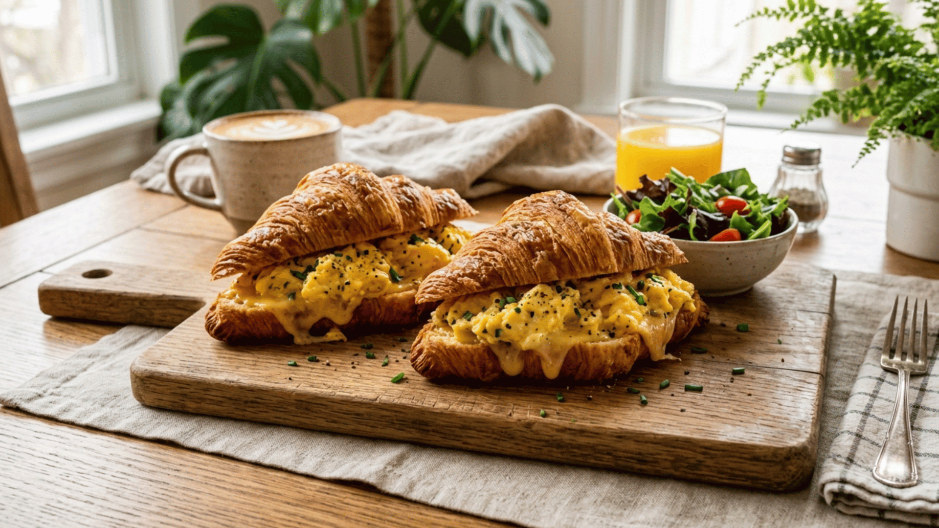 Flaky croissant sandwiches with eggs and cheese, golden texture, bakery-style presentation, soft lighting