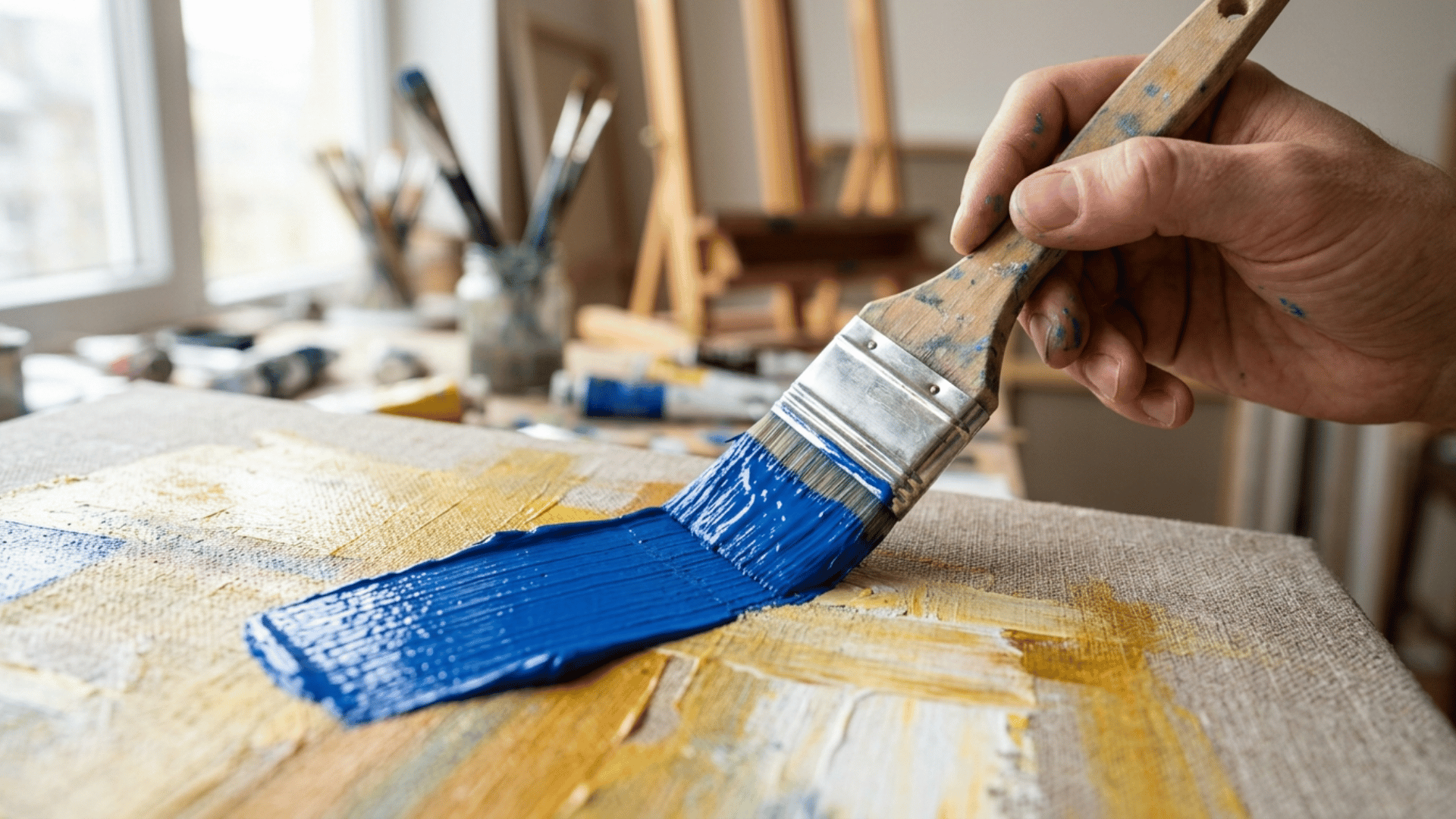 flat acrylic paint brush applying bold blue strokes on canvas, showing smooth coverage and texture for acrylic paint for canvas