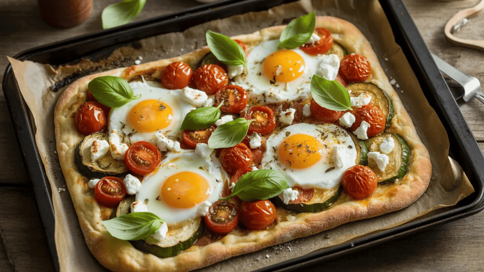 flatbread on a baking tray with crispy edges, topped with roasted cherry tomatoes, courgette, baked eggs with runny yolks