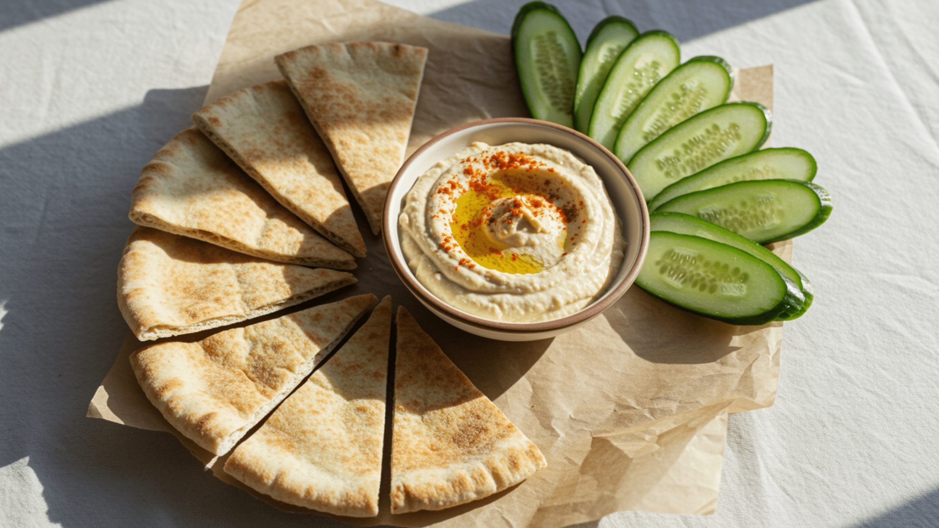 flatbread wedges served with creamy hummus drizzled with olive oil and spices, alongside neatly sliced cucumbers on parchment paper