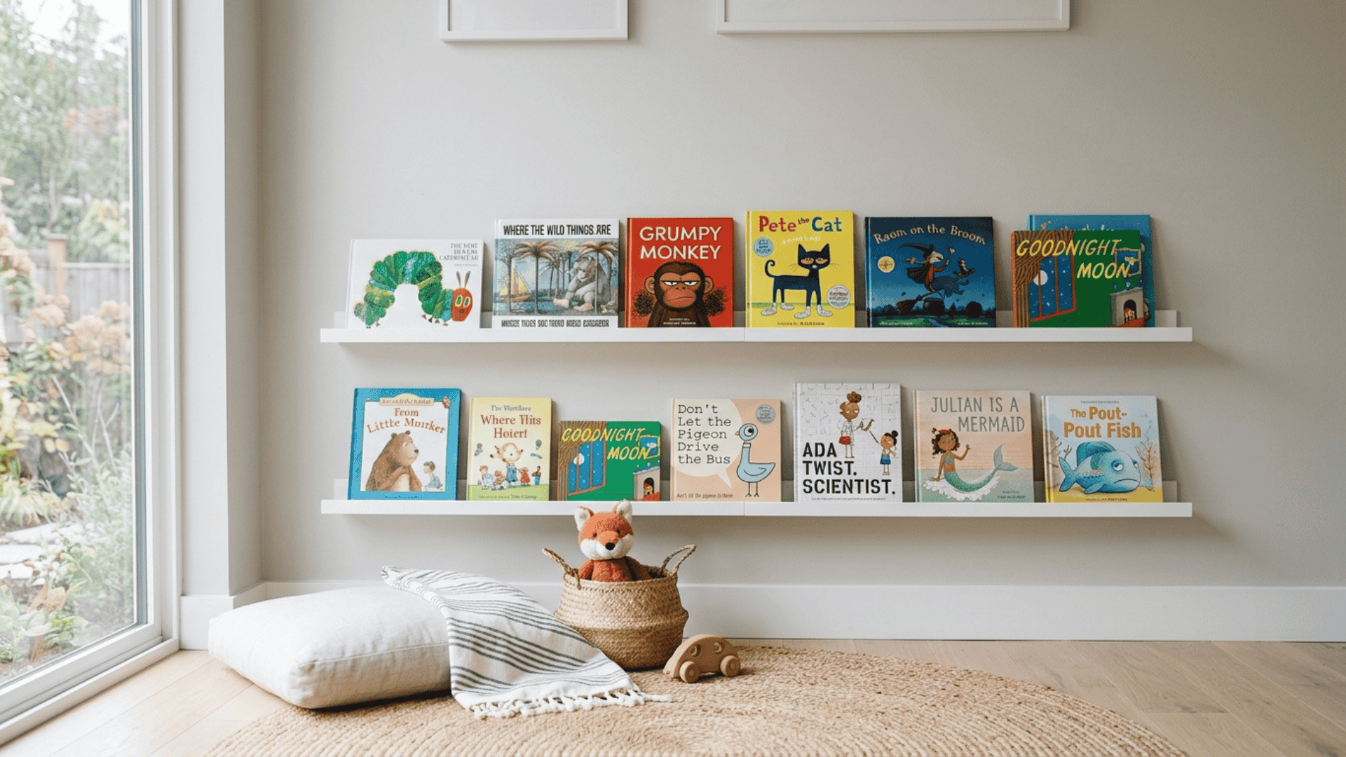 floating bookshelves mounted on wall storing books without using floor space in a compact playroom setup