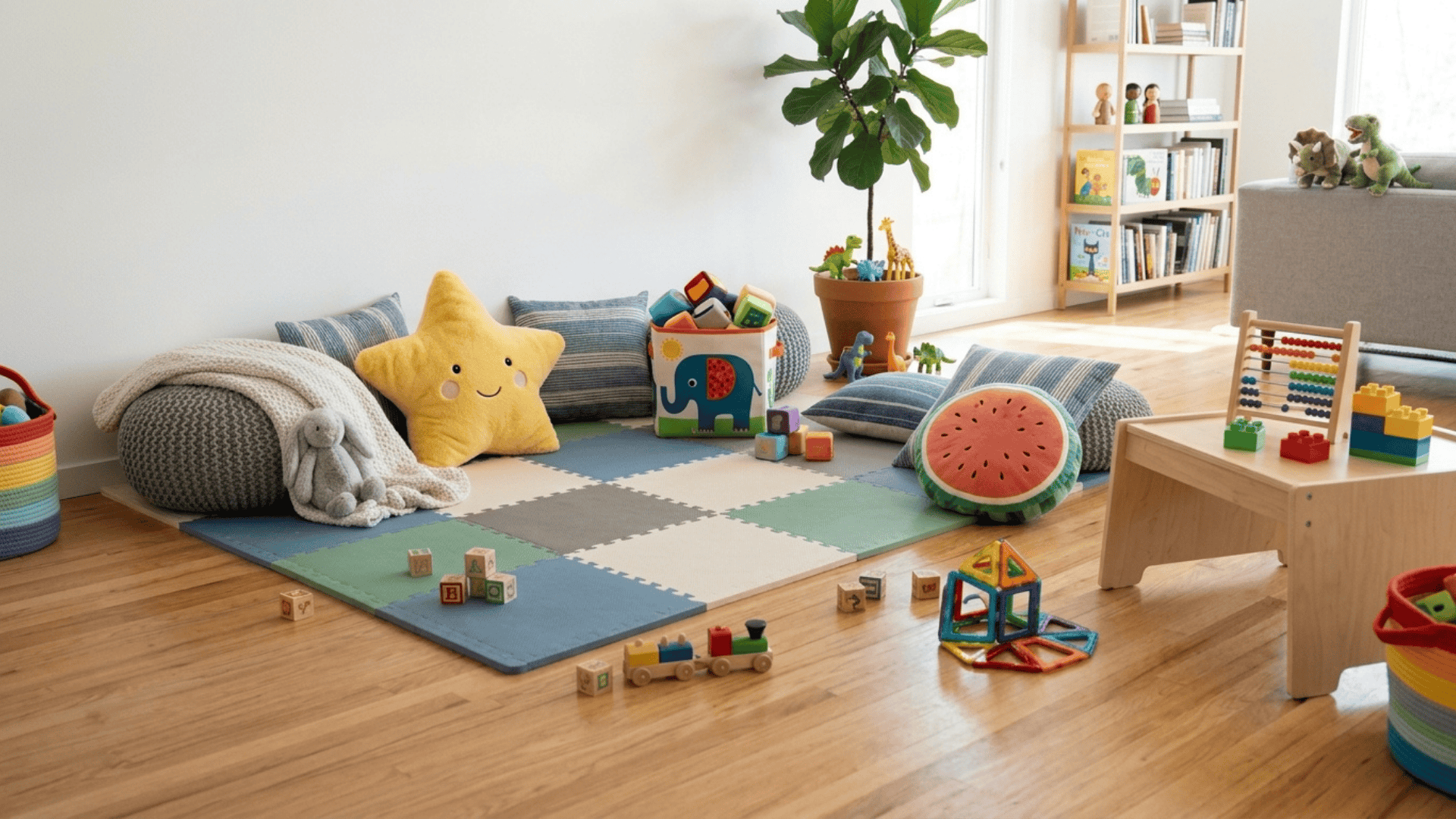 floor seating mats and cushions arranged to create flexible seating without bulky furniture in a compact playroom