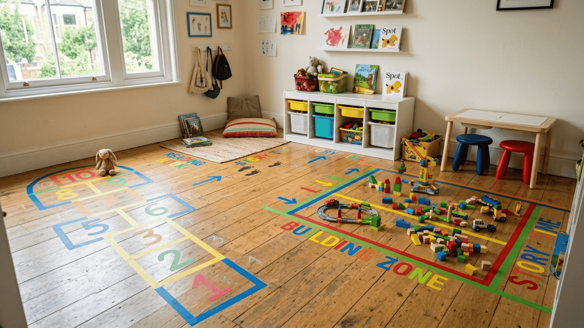floor tape used to define play zones on wooden floor without adding furniture in a compact playroom