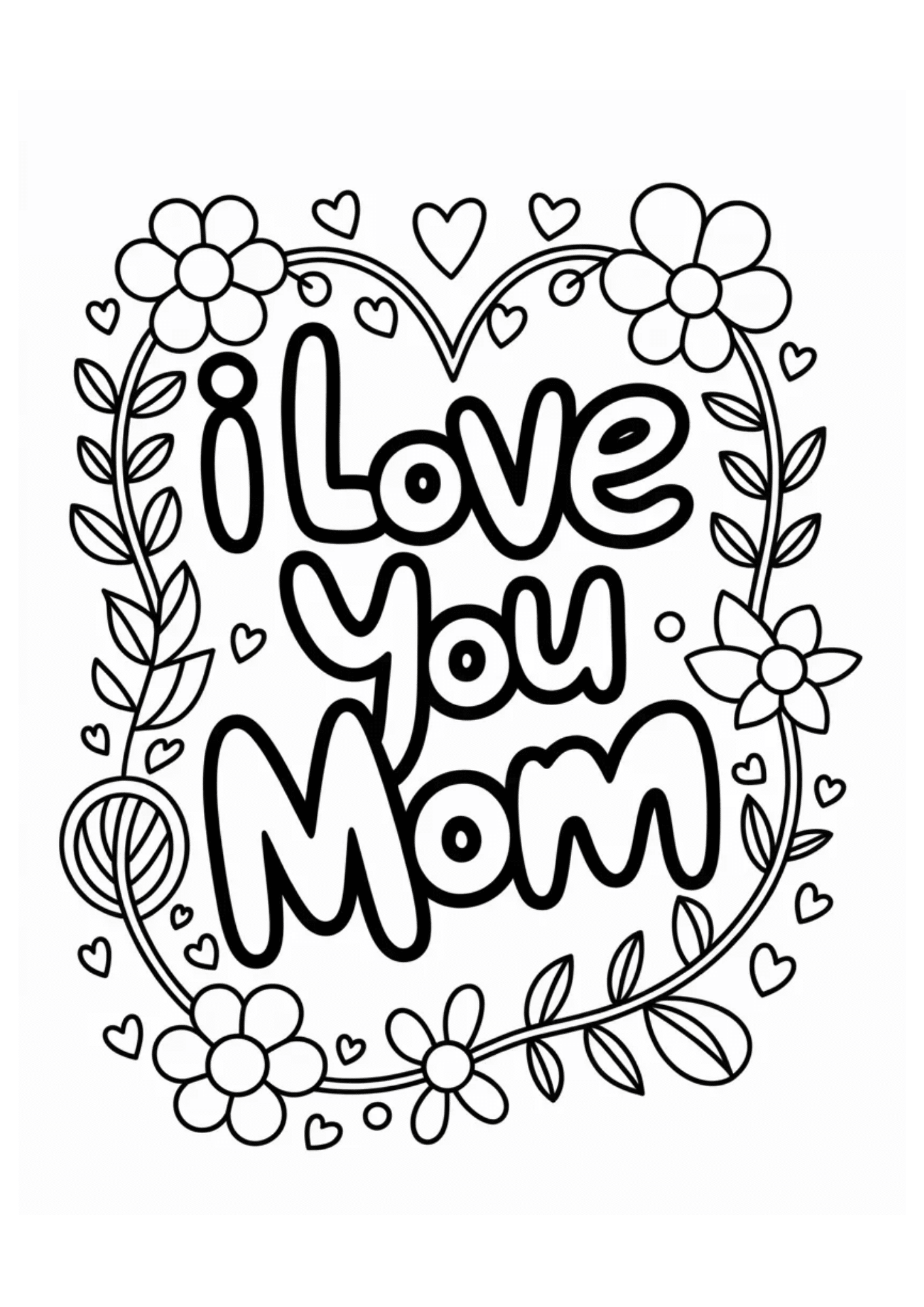 floral heart frame with text i love you mom surrounded by flowers leaves and small hearts in line art style