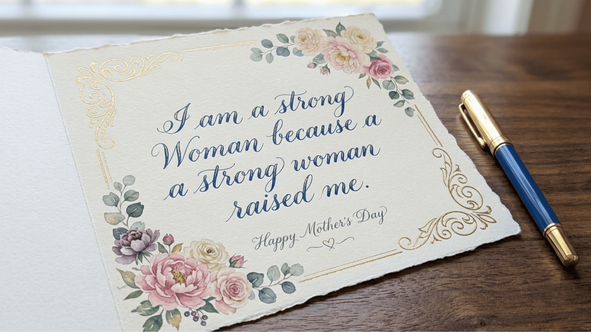 floral Mother’s Day card with elegant script about strength and gratitude, placed on a wooden table beside a fountain pen