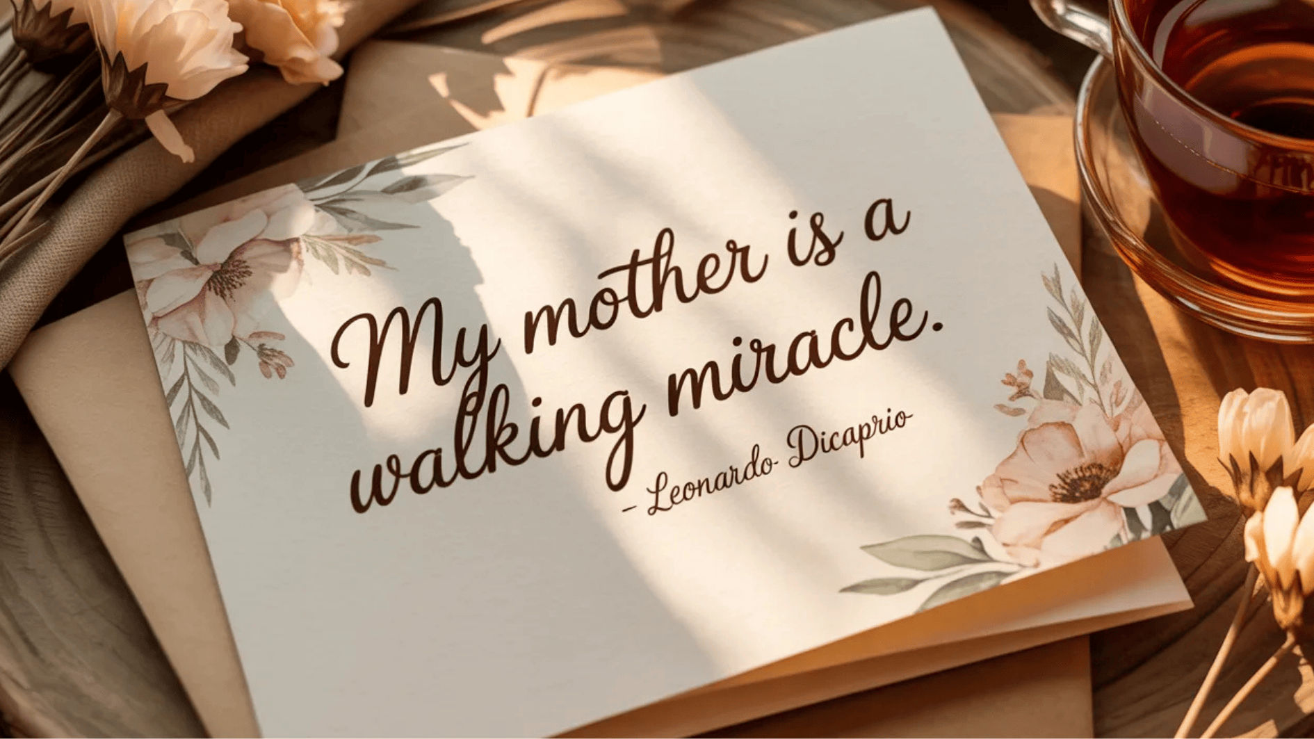 floral-themed card with a quote about mothers being a miracle, styled with flowers and a cup of tea in warm sunlight