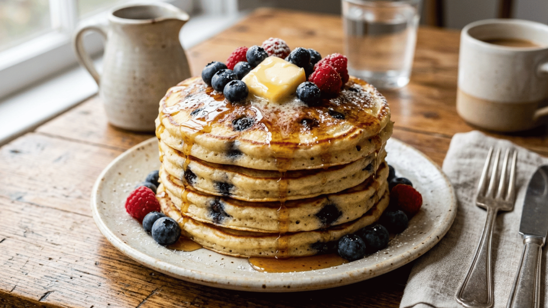 fluffy blueberry pancakes stacked high and drizzled with maple syrup for a cozy mothers day breakfast